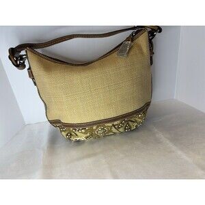 Fossil Purse Handbag Canvas & Leather W/ Wooden Fossil Key Retro Print
